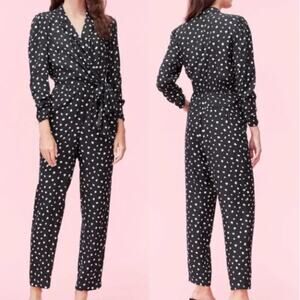 Rebecca Taylor Nova Dot Silk Jacquard Wrap Jumpsuit Black White 0